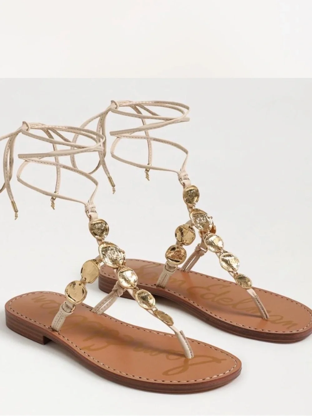 Sam Edelman Beige Lace-Up Sandals with Gold Discs